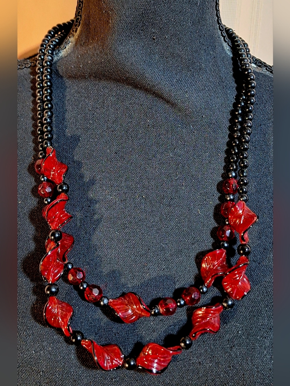 Red and Black Double-Strand Beaded Necklace